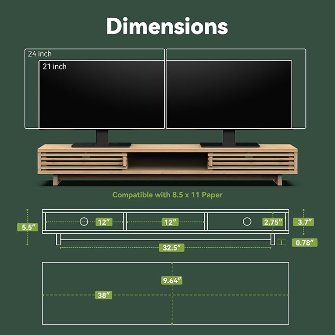 Dual Monitor Stand Riser with Sliding Door, Double Computer Laptop Stand Desk Shelf Organizer with Storage for 2 Monitors (Natural Bamboo, 38 Inch)