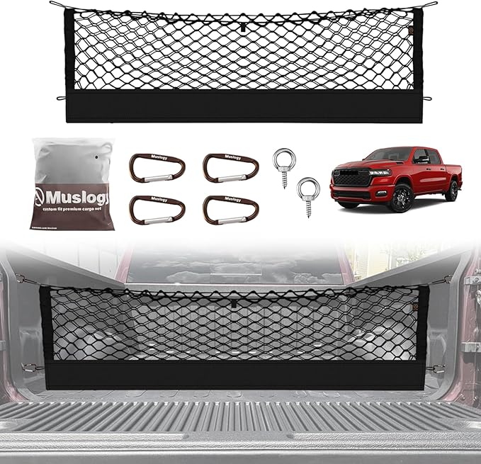 Muslogy Truck Bed Cargo Net Trunk Netting Compatible with Dodge Ram 1500 2019-2025 2026 Accessories, Pickup Cargo Organizer SUV Sedan Storage Net w/Heavy Duty Carabiners