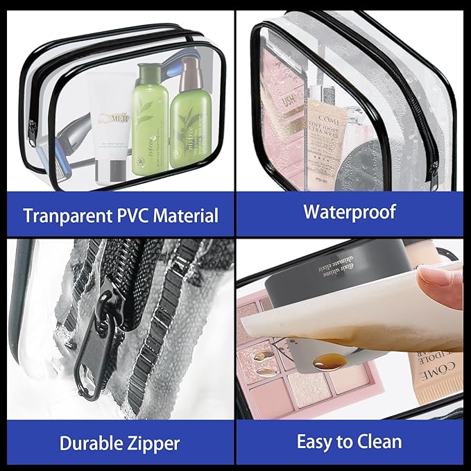 YedsIntu 16 Pieces Clear Cosmetic Bags PVC Clear Makeup Bags TSA Approved Toiletry Bag with Zipper Waterproof Vinyl Plastic Organizer Storage Transparent Pouch for Women and Men (Black, Small)