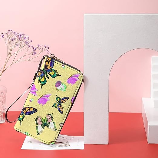 Clutch Wallet Holder for Women Men Colorful Butterflies with Wings Flying Flowers Portable Accordion Zipper Credit Card Storage Bag Waterproof Purse Leather Wallet for Travel Work Shopping