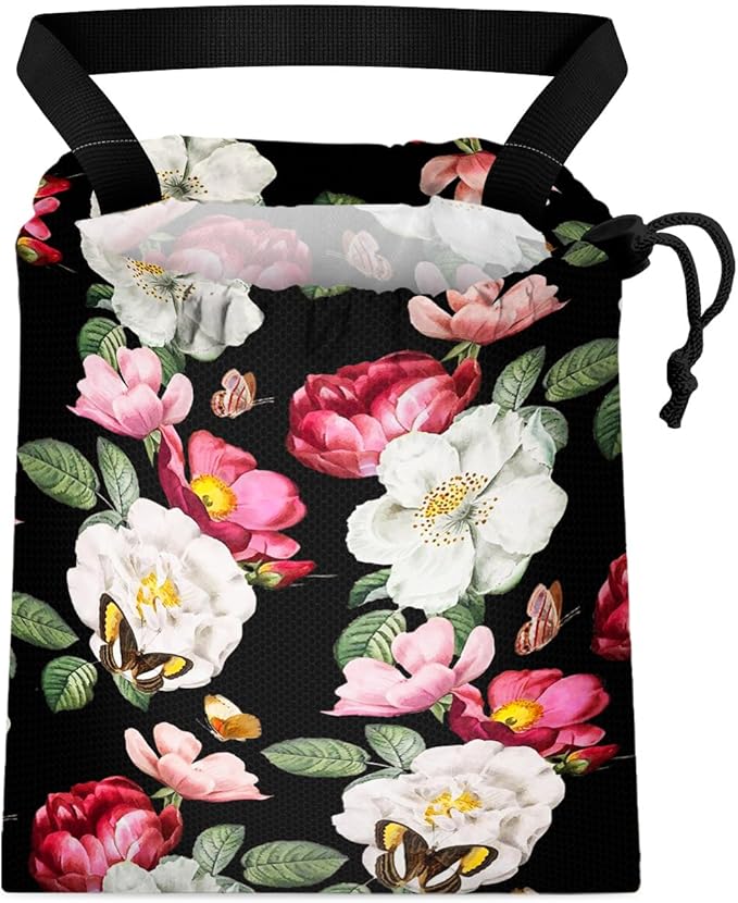 Car Trash Bag Hanging Back of Seat Waterproof Small Cute Printed One-handed Strap Drawstring Garbage Bags for Car-Black Floral