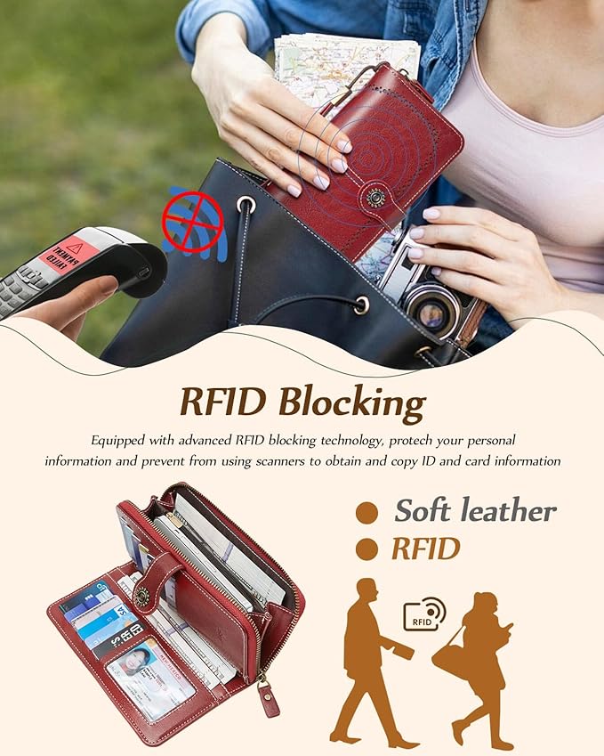 TFKGS Wallet for Women RFID Blocking Leather Large Capacity Card Holder Ladies Phone Clutch Travel Long Purse Wristlet | RFID Blocking, Leather, Large Capacity, Ladies, Travel
