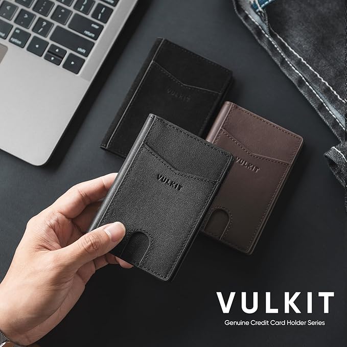 VULKIT Bifold Front Pocket Slim Wallet RFID Blocking Minimalist Thin Genuine Leather Credit Card Holder Wallet for Men and Women Nappa Black