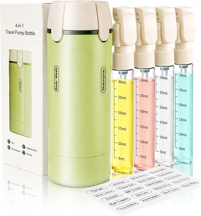 4 in 1 Travel Dispenser Bottle, TSA Approved Leak Proof Refillable Toiletry Containers for Shampoo, Conditioner, Lotion & Skincare – Easy Clean Travel Bottles for Gym, Business