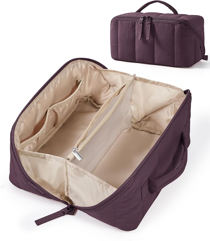 BAGSMART Puffy Open Flat Travel Makeup Bag Toiletry Bag for Women, Burgundy Purple