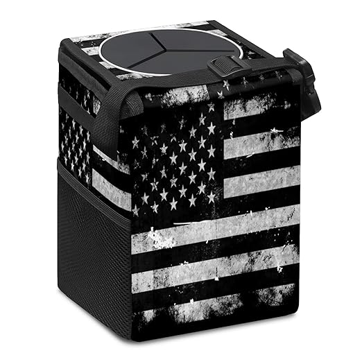 Car Trash Can Black White Grunge American Flag Auto Garbage Bag Car Trash Can with Lid Leak-Proof Car Storage Bag Garbage Bag Hanging for Headrest Collapsible and Portable with Storage Mesh Pocket