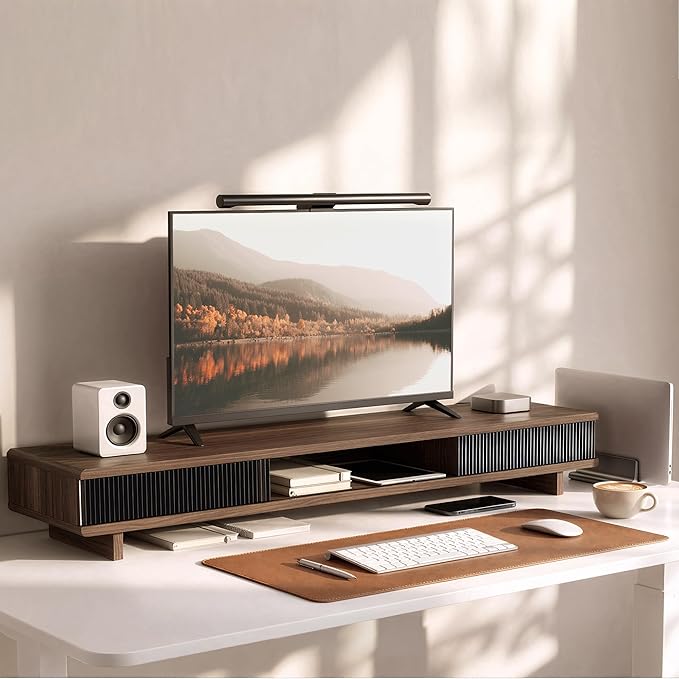 Dual Monitor Riser with Sliding Doors & Storage - 42.5" Extra Wide Dual Monitor Stand for Desk Organizer,Desk Shelf for Office & Gaming - Acrylic Wave Design,110 lbs Capacity,Walnut