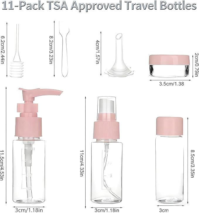 11-Pack Pink Travel Bottles Kit, TSA Approved Leak Proof Portable Toiletry Containers Set, Clear PET Flight Size Cosmetic Containers for Lotion, Shampoo, Cream, Soap