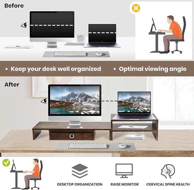 Monitor Riser for 3 Monitors, Dual Monitor Stand for Desk, Triple Monitor Stand with Drawer, Dual Monitor Stand with Storage, Extra Long Triple Monitor Riser up to 52", Angle Adjustable