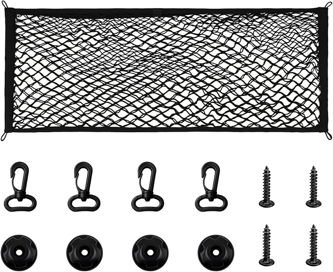 Car Rear Cargo Net, Adjustable Elastic Trunk Storage Net with Mounting Screws & Hooks, Envelope Style Mesh Organizer Cargo Netting for SUV Pickup Truck, Car Accessories (Large)