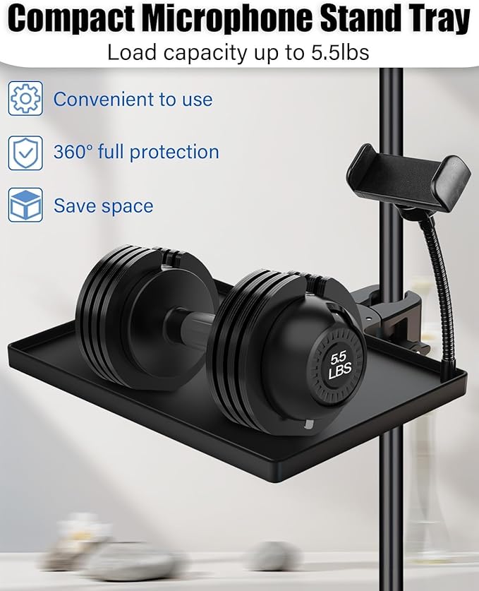 BILIONE Mic Stand Tray with Gooseneck Phone Holder, 10.6" X 7.8" Microphone Stand Tray Crab Clamp On Music Stand Floor Shelf Pole Mount, Karaoke Accessories