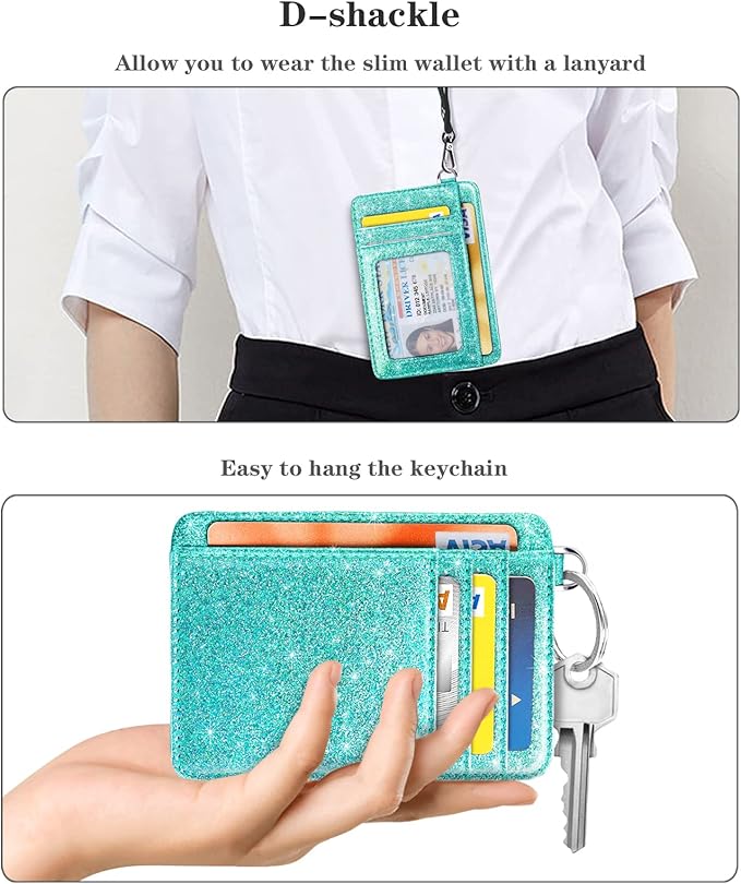 Coco Rossi Slim Front Pocket Wallet RFID ID Card Holder Cute Small Wallet with Keychian for Women,Glitter Teal