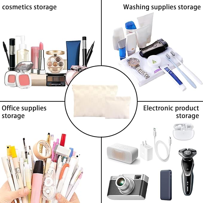 LYDZTION 2 Pieces Checkered Leather Makeup Bag Set for Women, Portable Cosmetic Bag Travel Toiletry Bag Organizer Waterproof Small Makeup Bag Aesthetic Accessories Storage Bag for Women-White