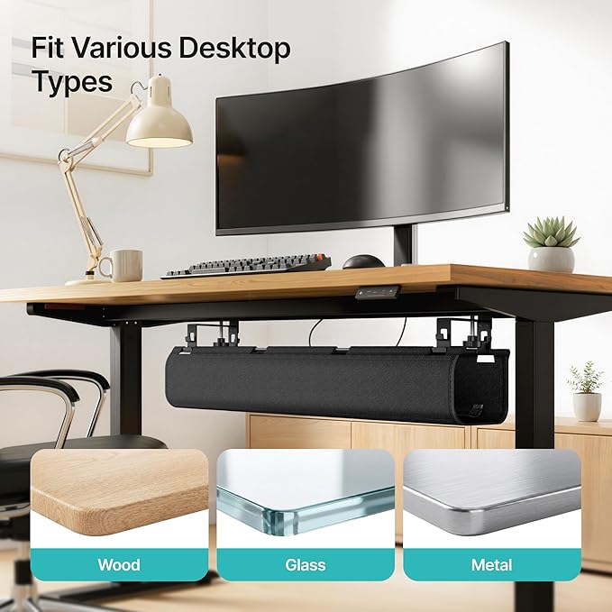 No Drill Under Desk Cable Management Tray, 31.5" Cord Management Under Desk for Table, Clamp Mount Desk Cable Management, Premium Fabric Wire Management Tray for Office, Home