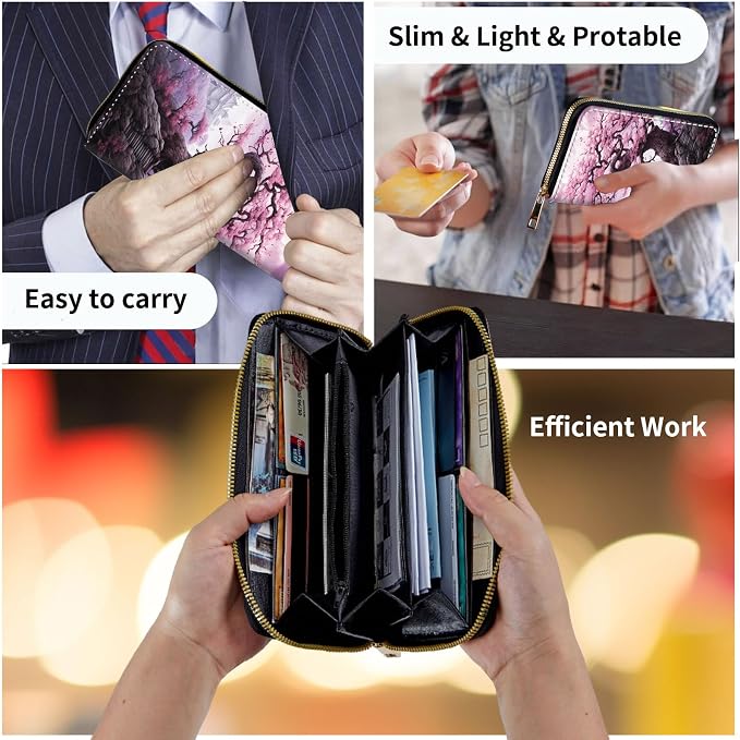 Wallet,Leather Long Wallet Suitable For Ladies And Teenagers - Detachable Wristband + RFID Travel Wallet With Card Slot - Cherry Blossom Tree