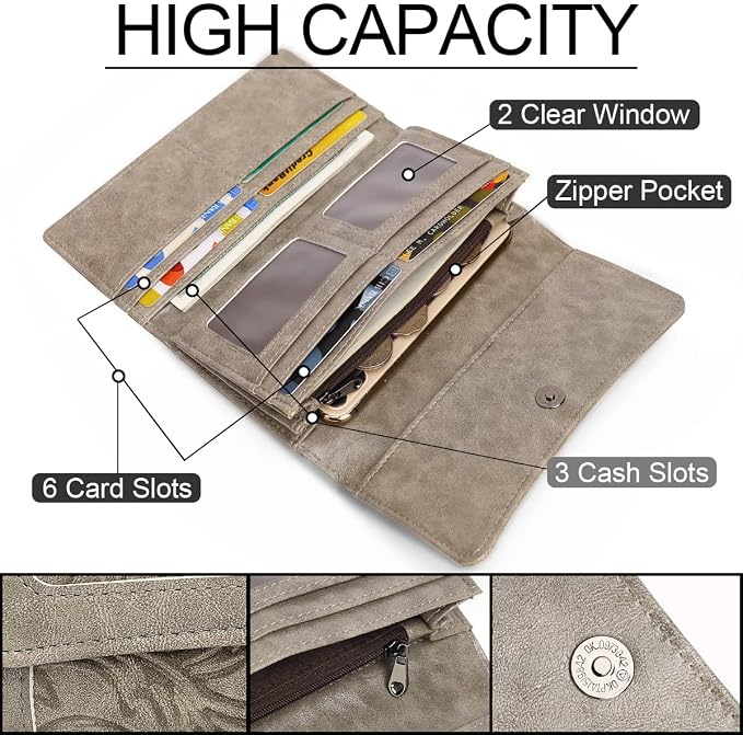 MEITRUE Women's Wallet Leather RFID Blocking Trifold Ladies Purse Embossed long Clutch Card Holder Phone Checkbook Organizer