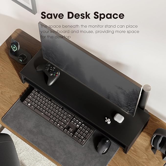 Fenge Monitor Stand, 31.5 Inch Computer Monitor Riser for Desk, 2 Tiers Wood Desk Shelf with Storage, Desktop Organizer for PC, Laptop, Screen, Printer