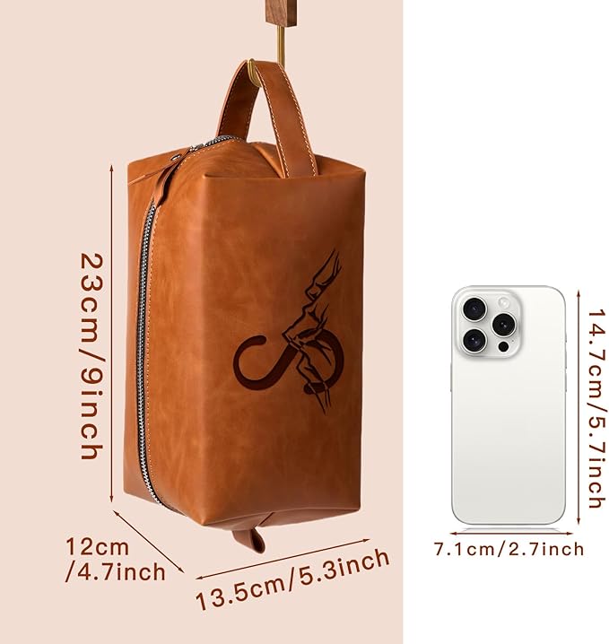 Personalized Gifts Travel Toiletry Bag for Men Engraved Initial PU Leather Waterproof Shaving Bag for Toiletries Accessories Fathers Day Birthday Gift for Men Dad Husband Son, Light Brown D