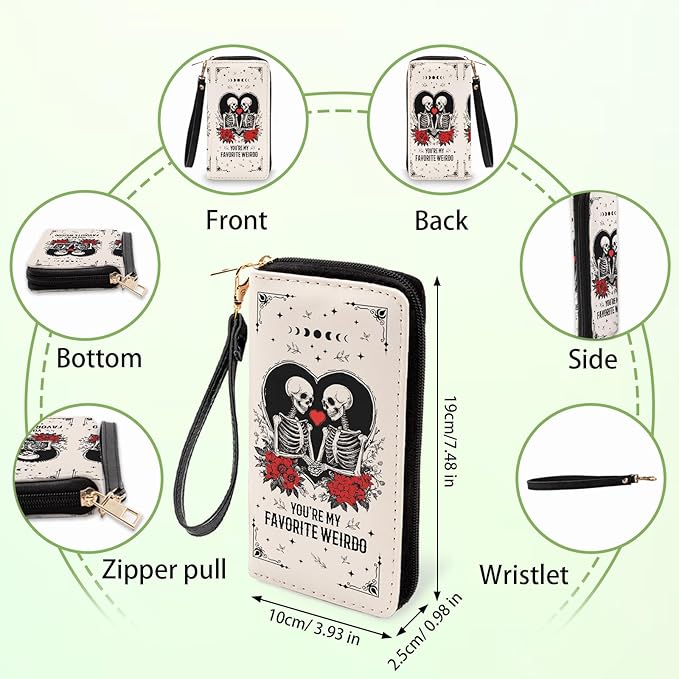 Gothic Romance Skull Wallets for Women - Slim PU Leather Womens Wallet with Cash Zipper Coin Purse, Small Credit Card Holder Travel Wallet, Wristlet Wallets for Female Ladies Purse (Dark Humor Gift)