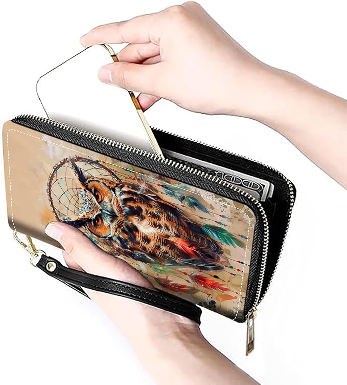 Women's Large Capacity Wallet PU Leather Zip Around Clutch Purse Multifunctional Wallet with Removable Wristlet Strap for Smart Phone/Coin/Card/Cash, Dream Catcher Owl