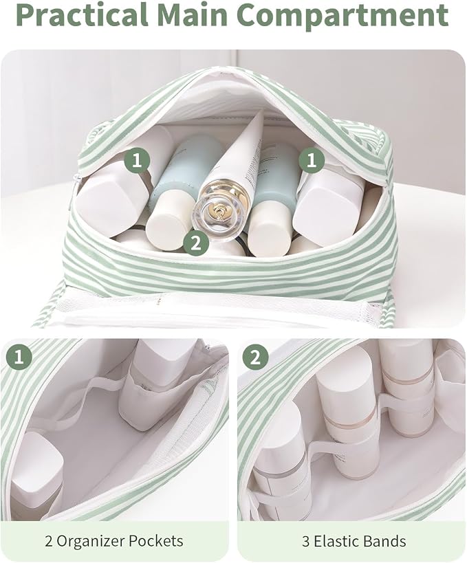 Narwey Small Hanging Toiletry Bag for Travel Women Girl, Striped Toiletries Travel Bag with Hook, Hanging Makeup Bag Organizer Make Up Cosmetic Bags, Gifts for Kids Teen (Mint Green Stripe)