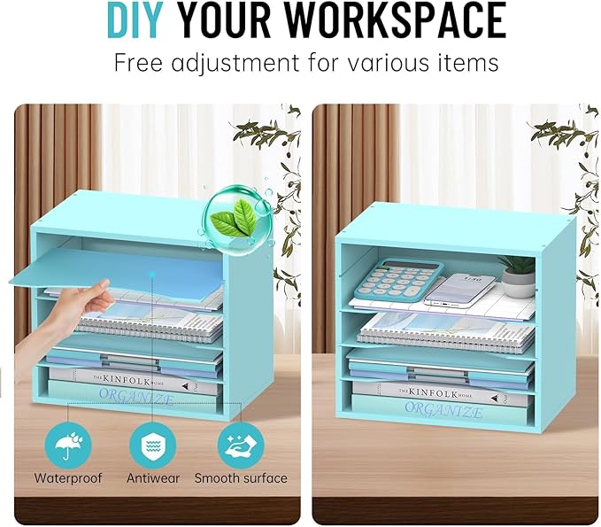 5-Tier Wood Desk Organizer, Paper Tray Organizer for Desk with Adjustable Storage Shelves, Desktop File Organization Paper Sorter Mail Holder for Office Home Classroom, Blue