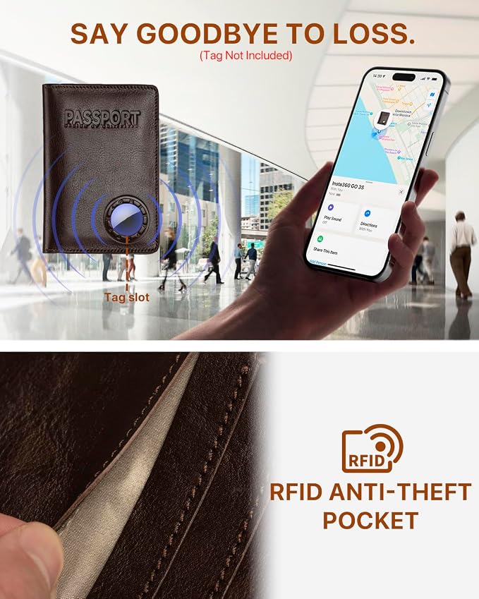 Passport Holder for Travel, Genuine Leather Passport Holder with AirTag Slot, RFID Passport Cover for Airport Essentials, Travel Wallet, Travel Must Haves Gifts