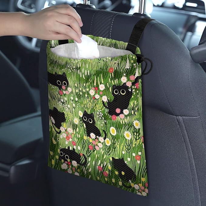 Car Trash Bag Hanging Back of Seat Waterproof Small Cute Printed One-Handed Strap Drawstring Garbage Bags for Car-Black Cat Floral