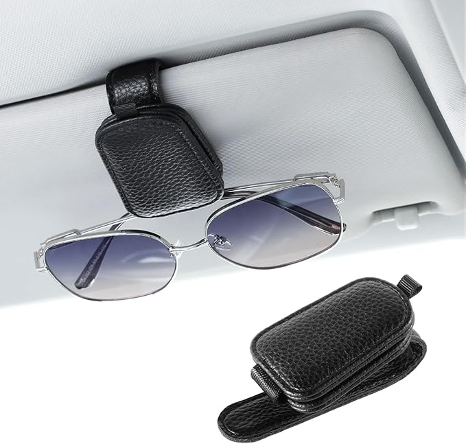 JUSTTOP 1Pack Sunglass Holder for Car, Magnetic Leather Buckle Sun Visor Sunglass Clip, Ticket Card Clip Sunglasses Mount, Car Interior Accessories for Men and Women (Black)
