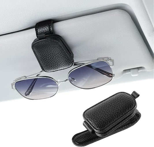 JUSTTOP 1Pack Sunglass Holder for Car, Magnetic Leather Buckle Sun Visor Sunglass Clip, Ticket Card Clip Sunglasses Mount, Car Interior Accessories for Men and Women (Black)