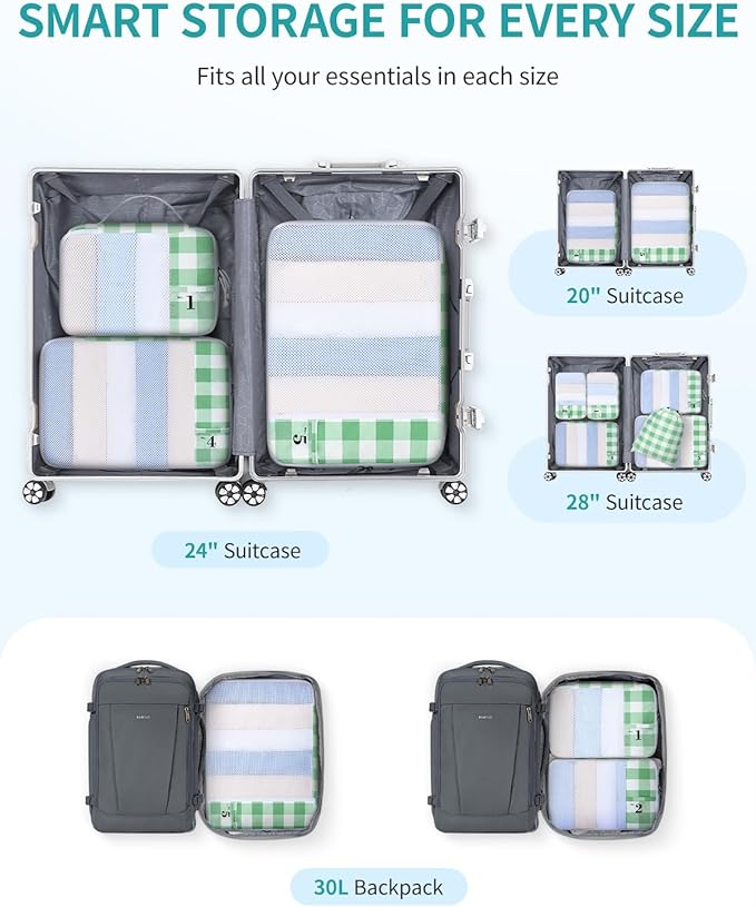 ECOHUB 6 Set Packing Cubes for Travel Durable Suitcase Organizer Bags Set with Personalized Tag Travel Essentials with Shoe Bag Traveling Accessories for Luggage Machine Washable,Light Green
