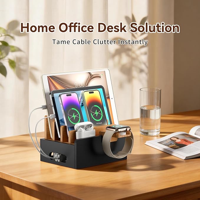 Pezin & Hulin Bamboo Charging Station for Multiple Devices with 5 Port USB Charger,5Cables,Smart Watch&Earbuds Stand, Desk Docking Stations Electronic Organizer for Cell Phone,Tablet (Natural + Black)