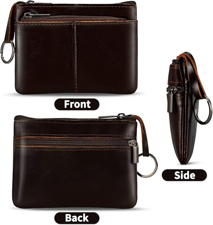 Dark Brown Genuine Leather Multi-Functional Wallet - Compact Card Holder, Coin Purse & Key Organizer with 3 Zippers, Built-in Key Ring, Perfect for Travel, Work & Daily Use