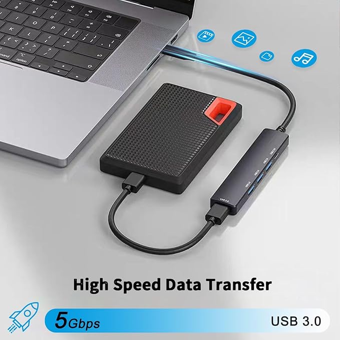 5-Port Powred USB 3.0 Hub, USB Extender Splitter with 5V USB-C Power/Data Port, Extender for A Port Laptop, PC, PS4/5, Xbox, Car and More
