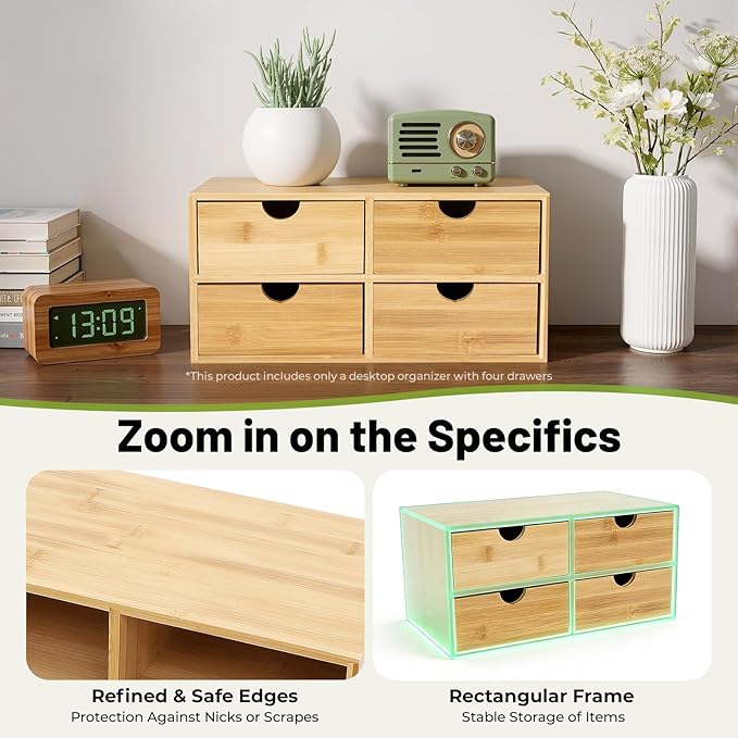 Desk Organizer 4 Drawers Tabletop Storage Organization Box, No Assembly Needed for Home Office Storage, 12.99 * 7.48 * 6.3in (2 above & 2 below)