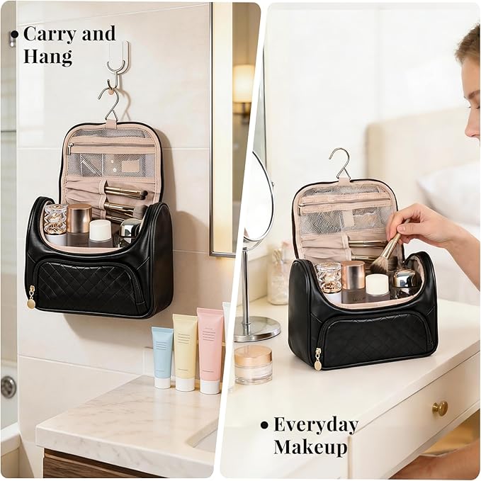 Greenfeather Cosmetic Bags for Women，Hanging Toiletry Bag with Makeup Brush Womens Travel Toiletry Bag for Women Essentials Travel Organizer for Full Sized Cosmetics and Toiletries Black