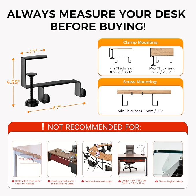 No-Drill Under Desk Cable Management Tray,Upgraded Wider(39"L x 5.9"W) & Double Layer Thickened Standing Desk Cable Organizer,2 Mounting Options-Clamp Or Screw Cord Holder for Home,Office