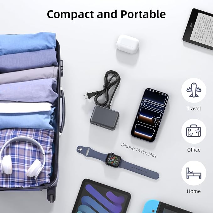 6 in 1 USB Charger, 50% Smaller Charging Station for Multiple Devices, 100W Fast Charging Blocks with Type C Ports, USB Charging Hub Organizer Multiport Power Strip for iPhone, Ipad, Kindle, Travel