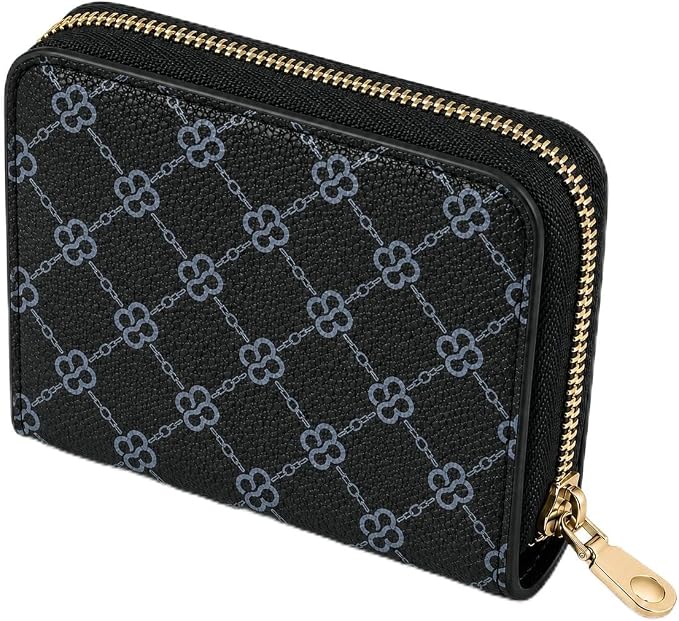 Ladies change card bag, zip storage bank card case, small portable 11 large capacity pouch, holds banknote change credit card(Black grid)