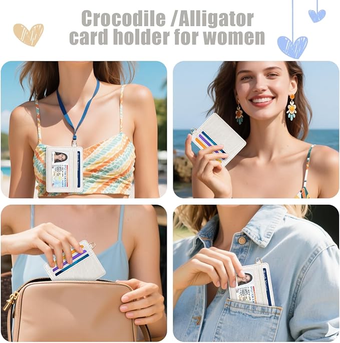 Slim Credit Card Holder Crocodile Wallet Women Thin Alligator Wallets RFID Blocking Minimalist Lightweight Small Cute Cards Holders with ID Window, Beige