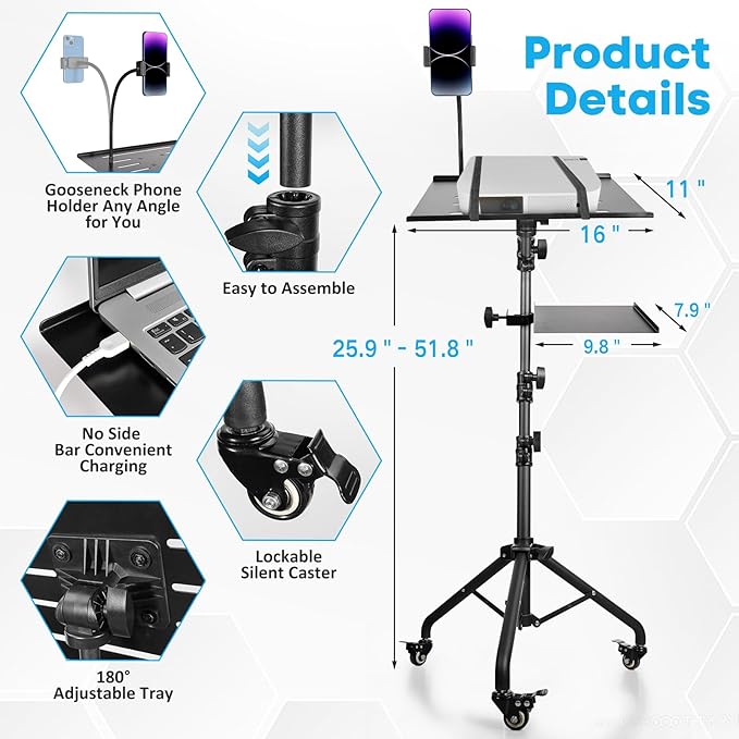 Portable Laptop & Projector Stand with Phone Holder and Mouse Tray, Adjustable Height Tripod Stand for Laptop, Projector, DJ, Sheet Music, Black