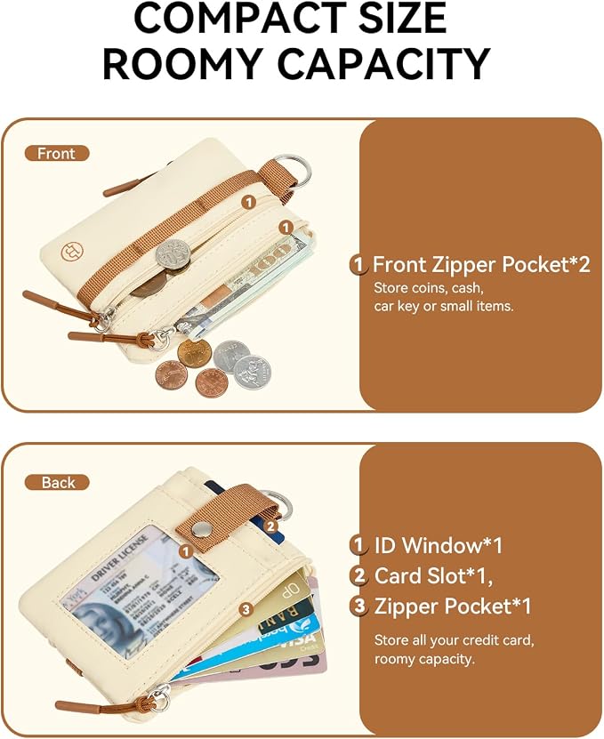 BOSTANTEN Small Wallet RFID, Minimalist Zip ID Case Wallet with Lanyard Keychain, Water Resistant Card Wallets for women & Men, Beige and Brown