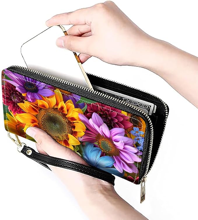 Women's Large Capacity Wallet PU Leather Zip Around Clutch Purse Multifunctional Wallet with Removable Wristlet Strap for Smart Phone/Coin/Card/Cash, Sunflowers