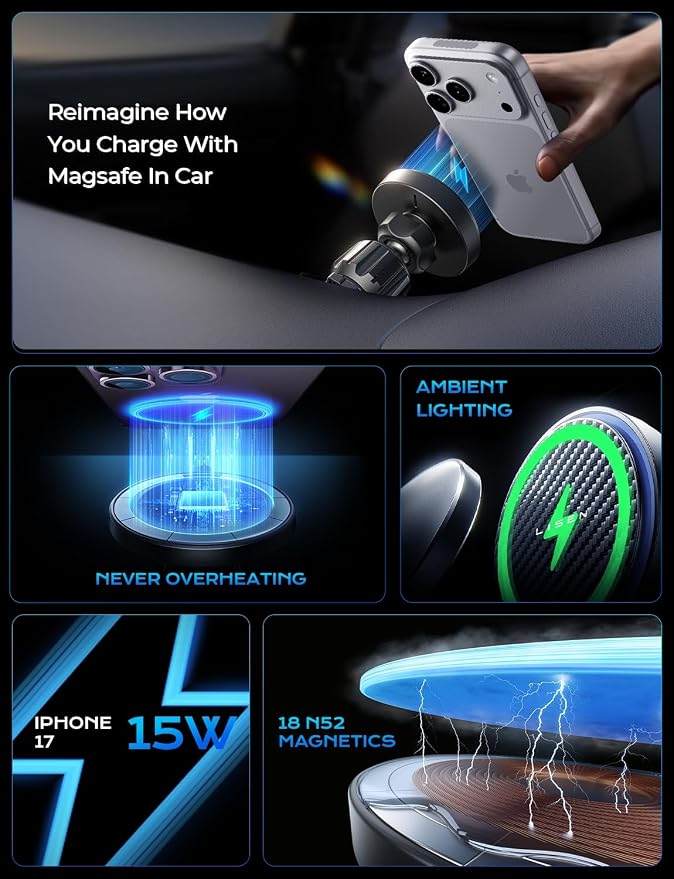 LISEN 15W MagSafe Car Mount Charger,[Carbon Fiber] Magnetic Wireless Car Charger, Dashboard & Air Vent Car Phone Mounts, Magnetic Phone Holder for Car Mount for iPhone 17/16/15/14/13/12, Samsung Pixel | Carbon Fiber 15W Magsafe Car Mount Charger, 2 in ...