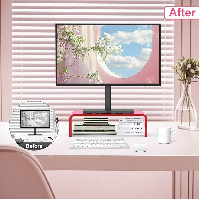 Acrylic Monitor Stand Riser Acrylic Laptop Stand for Desk Clear Computer Monitor Stand for Desk Accessories iMac Organizer Office Must-Haves Product for Working from Home Bright Pink