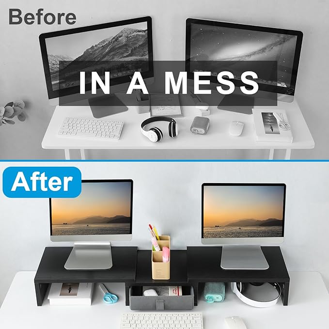 TEAMIX Dual Monitor Stand Riser with Drawer - Length and Angle Adjustable Double Monitor Riser Corner Desk Shelf Organizer 37 inch Long Monitor Riser for 2 Monitors/Laptop/PC/Screen/TV