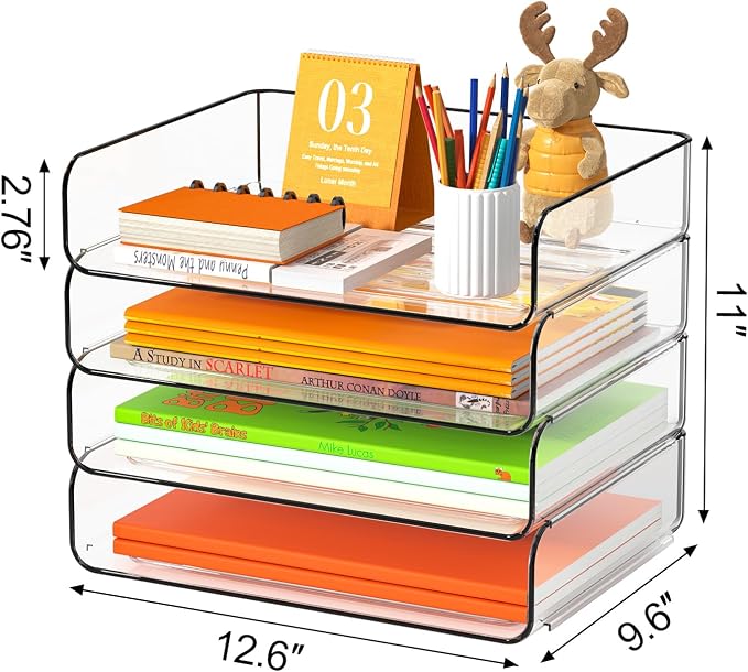 FANXIYQ 4-Tier Acrylic Paper Tray Organizer - Low-Profile Desk File Sorter for Office/Home, Clear Stackable Letter Tray for Bills, Crafts, Notebooks
