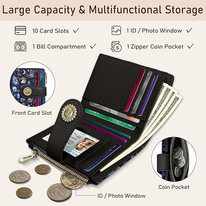 Kelvoris Skull Mushroom Snake Night Small Rfid Women Wallet Bifold Zipper Coin Pocket PU Leather Compact Cash Credit Card Holder Travel Wallet for Female Ladies Teen Girls 1 ID Window 10 Card Slots