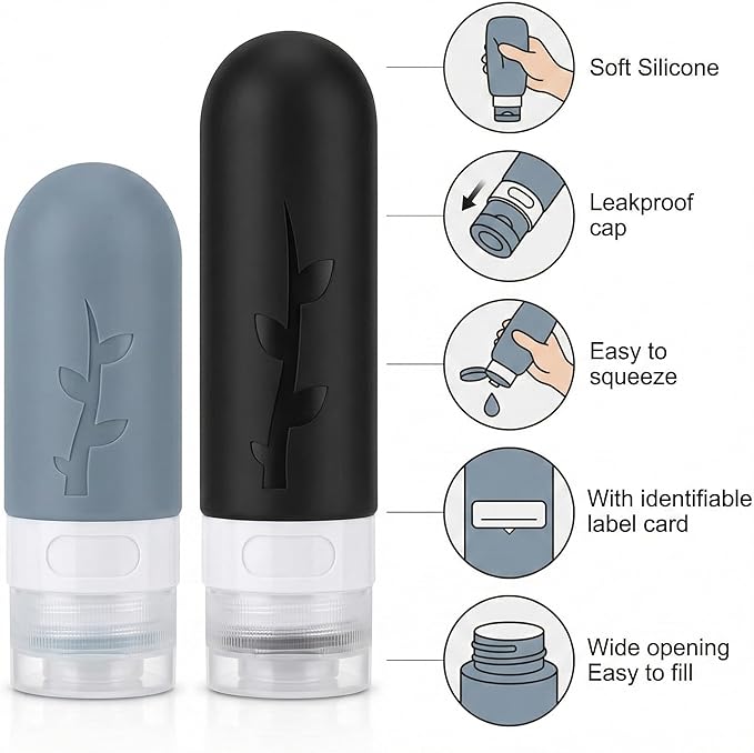 DEPOZA Travel Bottles Kit (16 Pack) - TSA Approved, Leak Proof Silicone Squeezable Containers for Toiletries. Complete Set with Jars, Sprayers & Bag (Black)