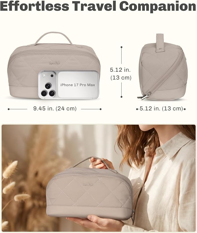 Hynes Eagle Travel Makeup Bag for Women Puffy Cosmetic Organizer Pouch Open Flat Toiletry Bag for Toiletries Brushes Structured Base Classic Camel